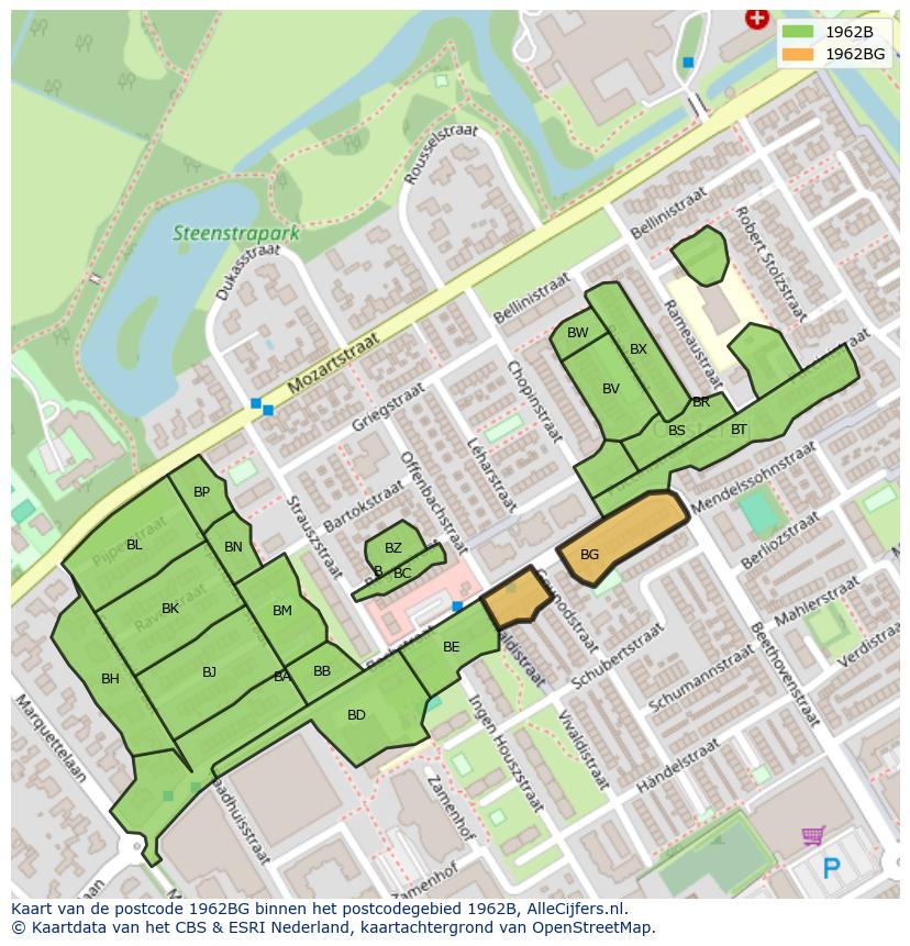 Afbeelding van het postcodegebied 1962 BG op de kaart.