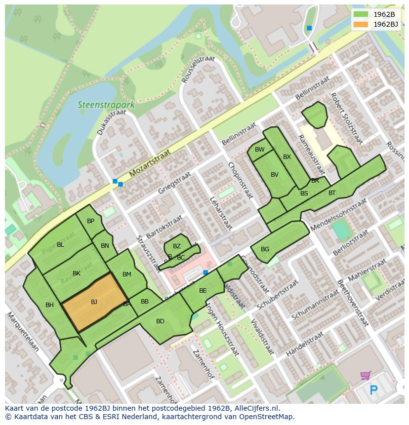 Afbeelding van het postcodegebied 1962 BJ op de kaart.