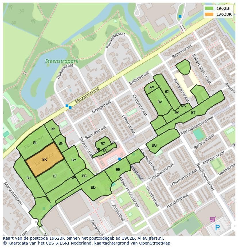 Afbeelding van het postcodegebied 1962 BK op de kaart.