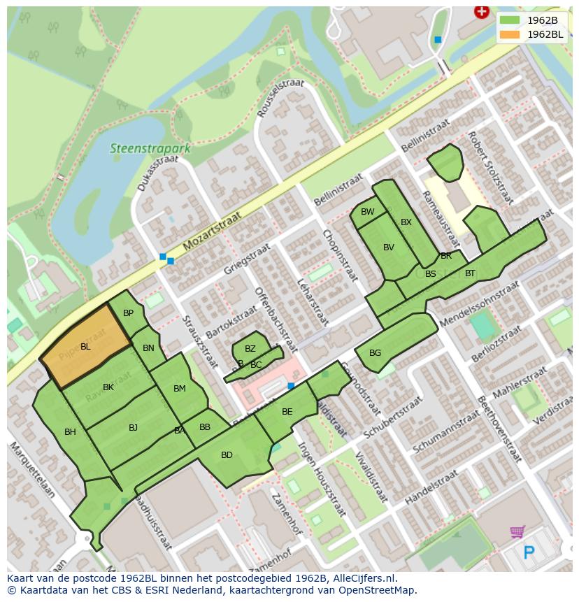 Afbeelding van het postcodegebied 1962 BL op de kaart.