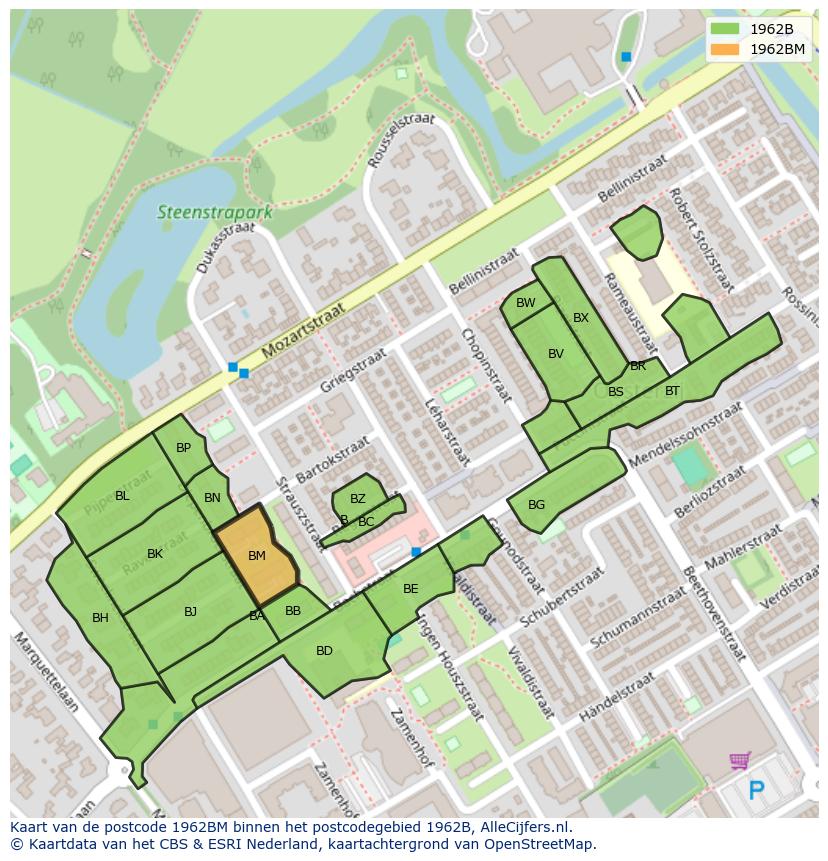 Afbeelding van het postcodegebied 1962 BM op de kaart.