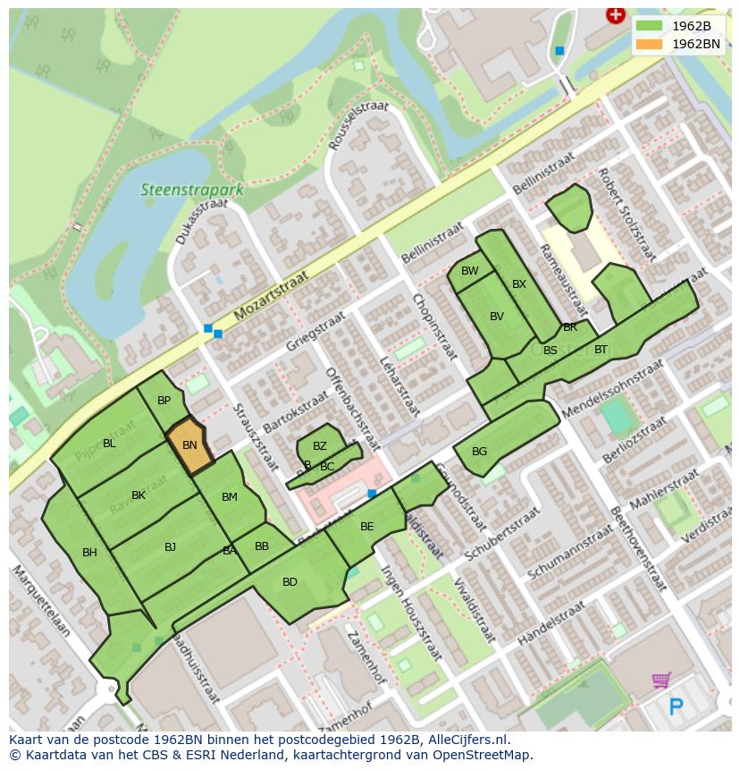 Afbeelding van het postcodegebied 1962 BN op de kaart.