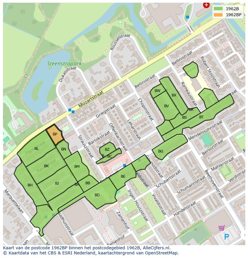 Afbeelding van het postcodegebied 1962 BP op de kaart.