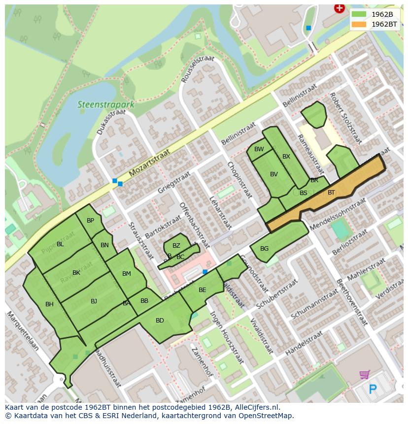Afbeelding van het postcodegebied 1962 BT op de kaart.
