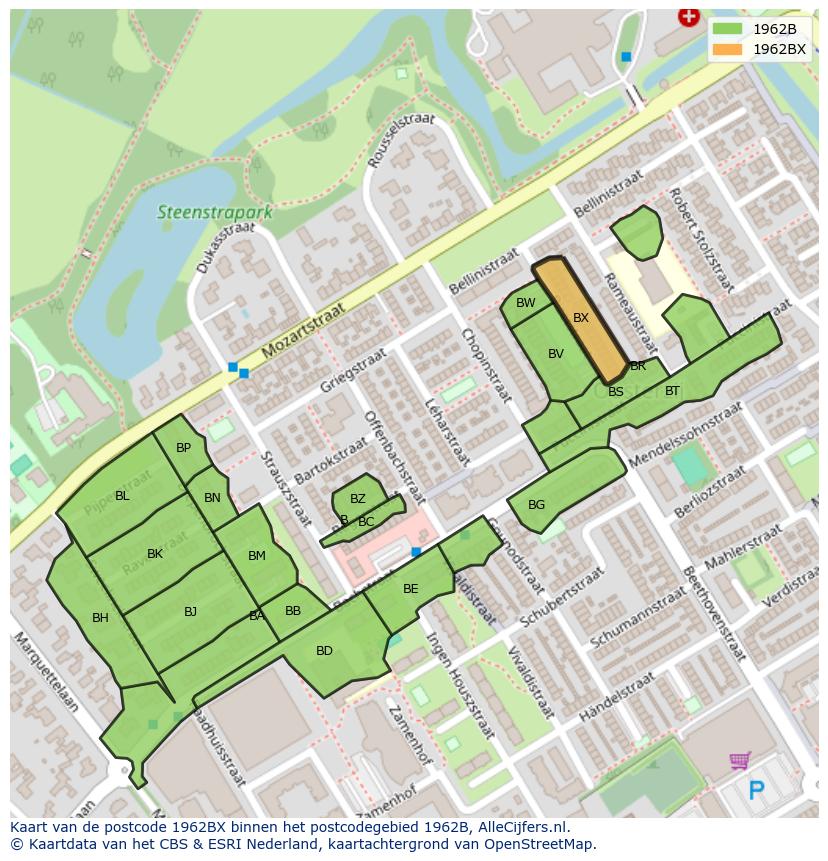 Afbeelding van het postcodegebied 1962 BX op de kaart.