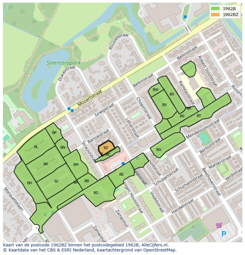 Afbeelding van het postcodegebied 1962 BZ op de kaart.