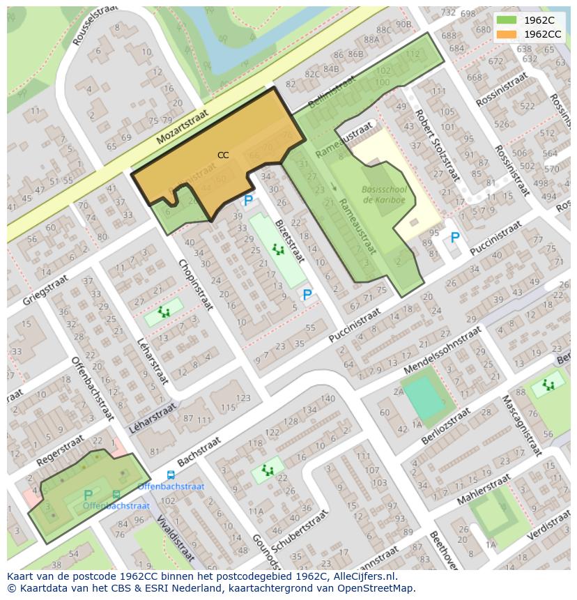Afbeelding van het postcodegebied 1962 CC op de kaart.