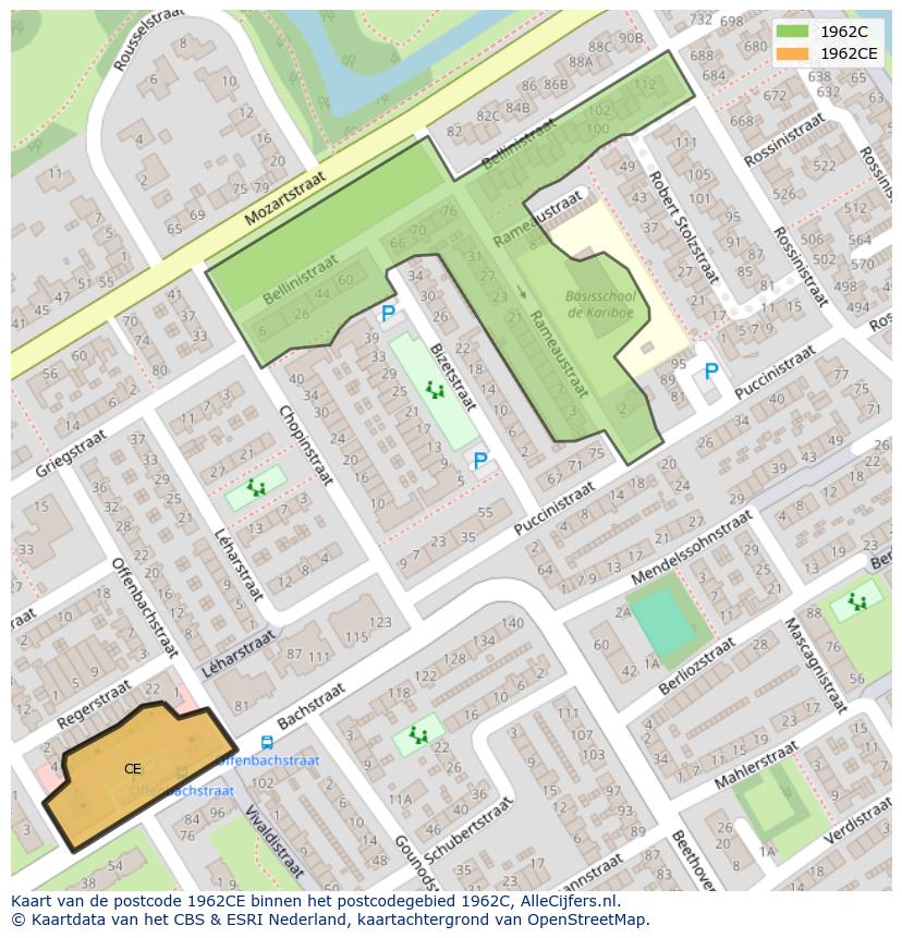 Afbeelding van het postcodegebied 1962 CE op de kaart.