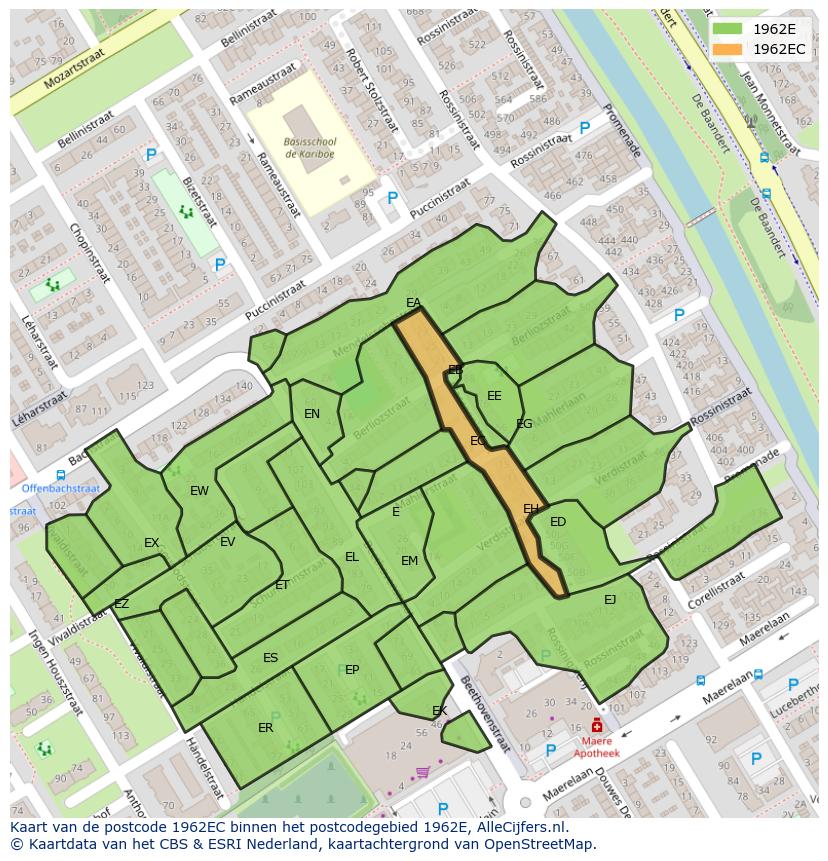 Afbeelding van het postcodegebied 1962 EC op de kaart.