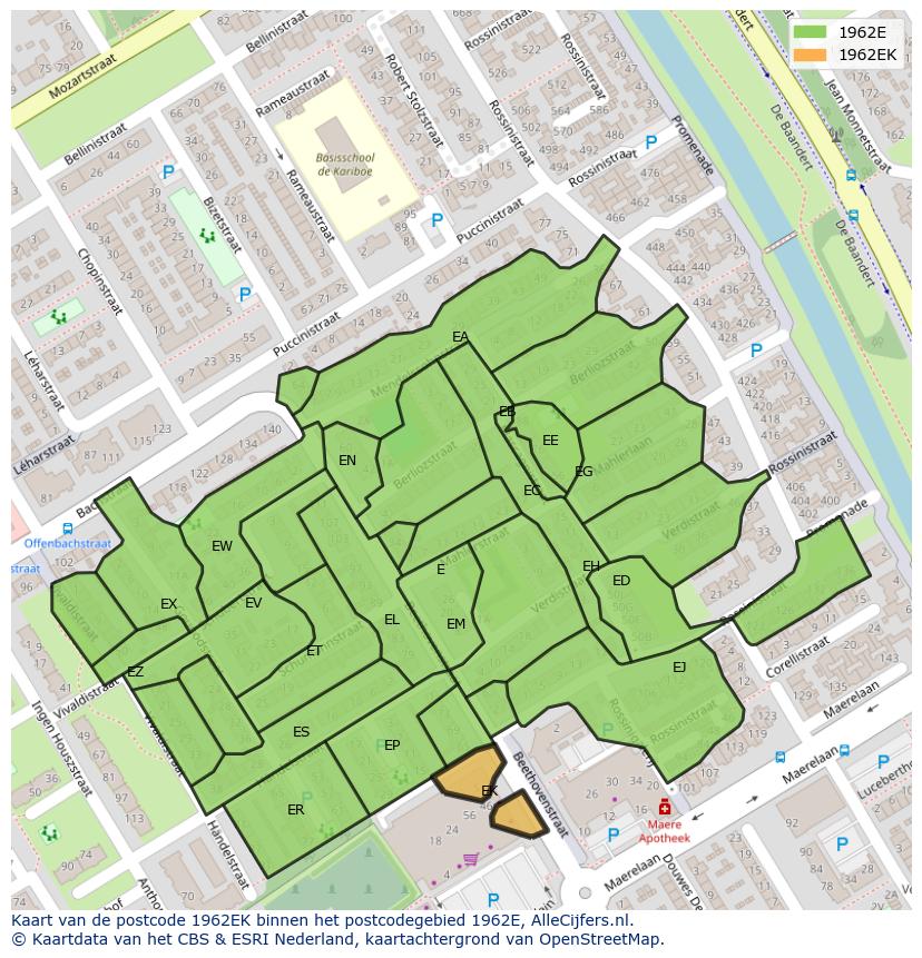 Afbeelding van het postcodegebied 1962 EK op de kaart.