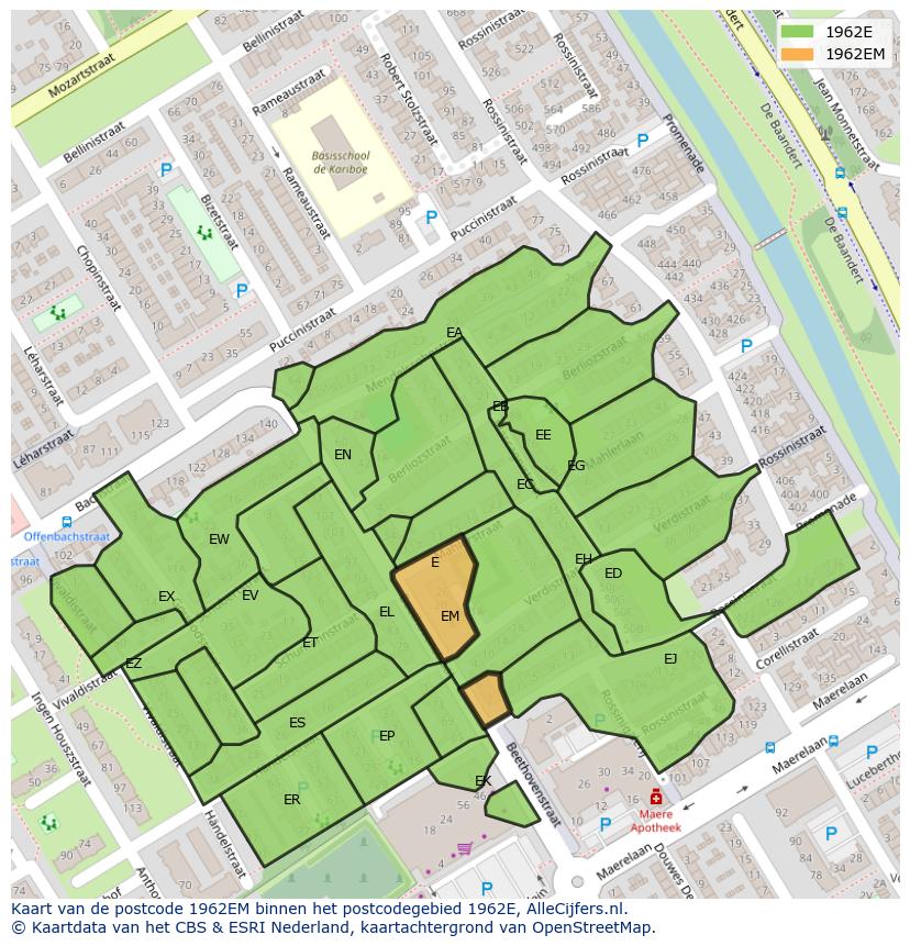 Afbeelding van het postcodegebied 1962 EM op de kaart.