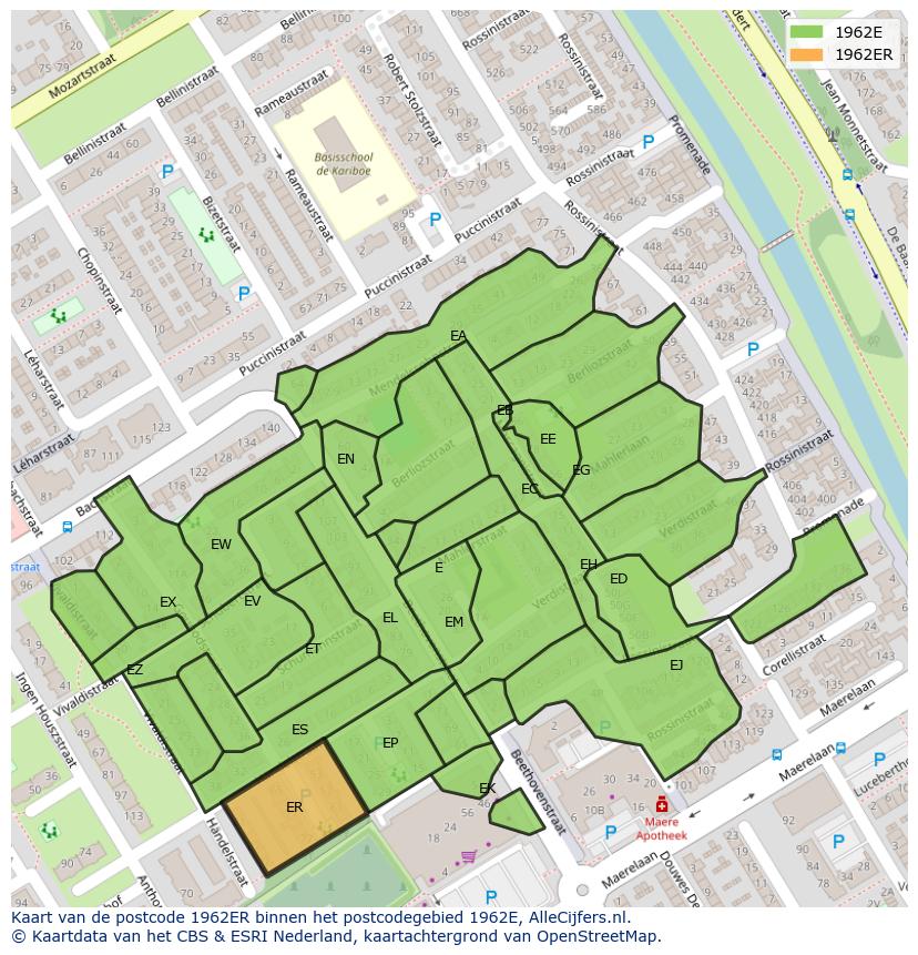 Afbeelding van het postcodegebied 1962 ER op de kaart.