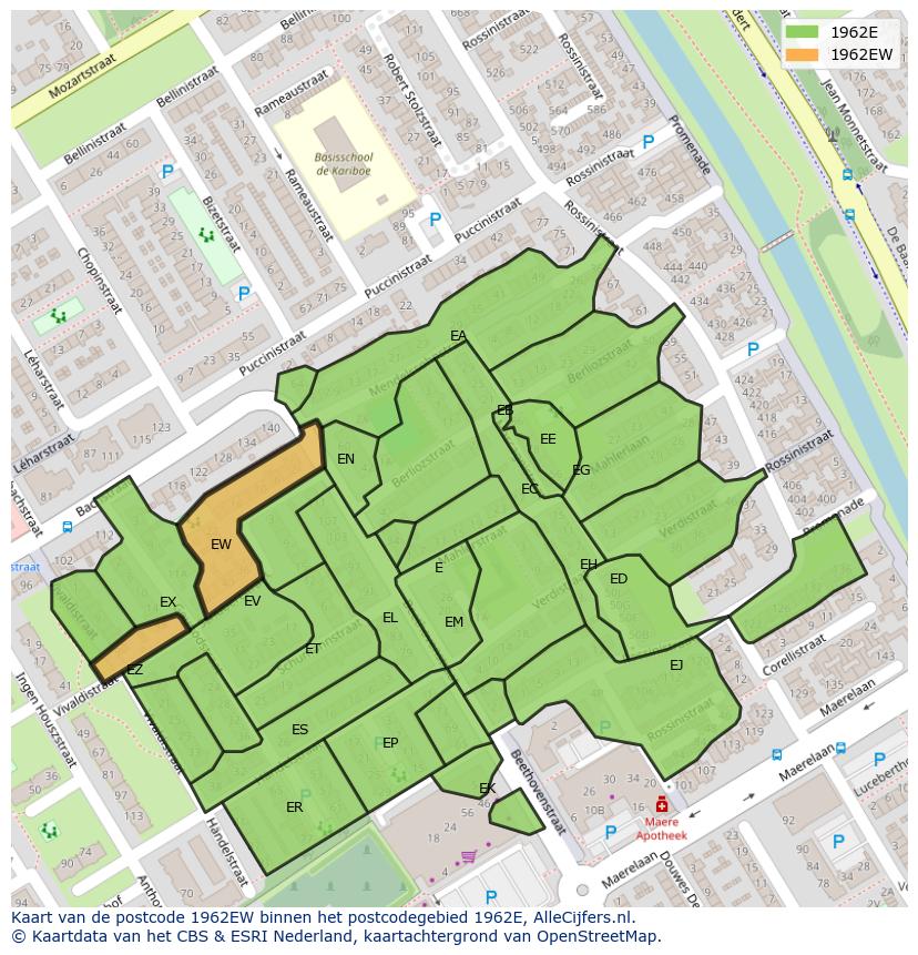 Afbeelding van het postcodegebied 1962 EW op de kaart.