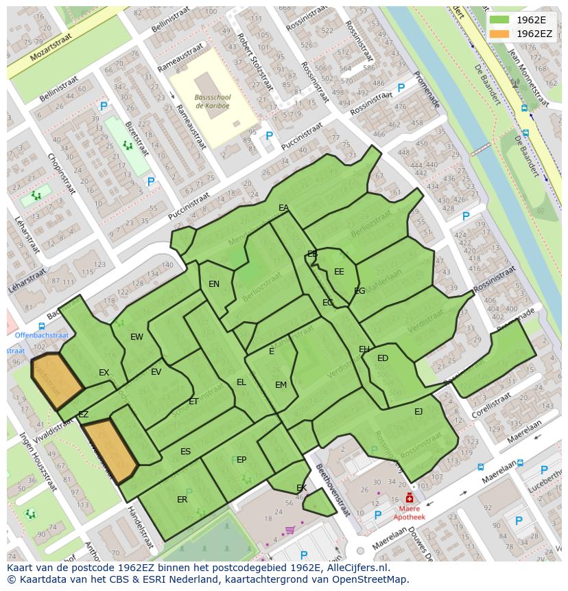 Afbeelding van het postcodegebied 1962 EZ op de kaart.