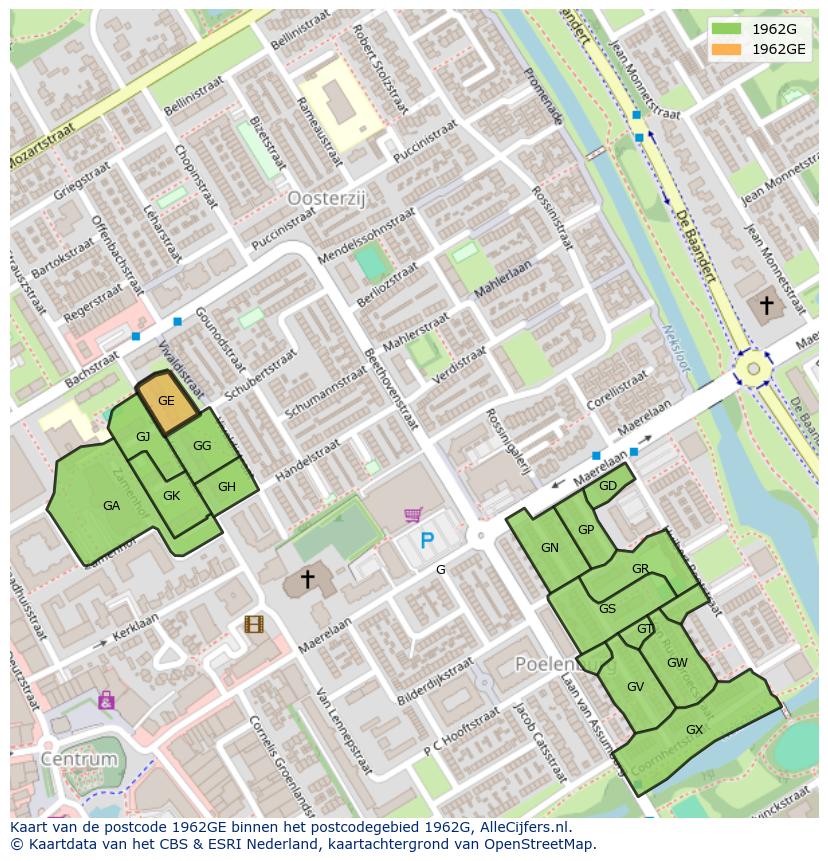 Afbeelding van het postcodegebied 1962 GE op de kaart.