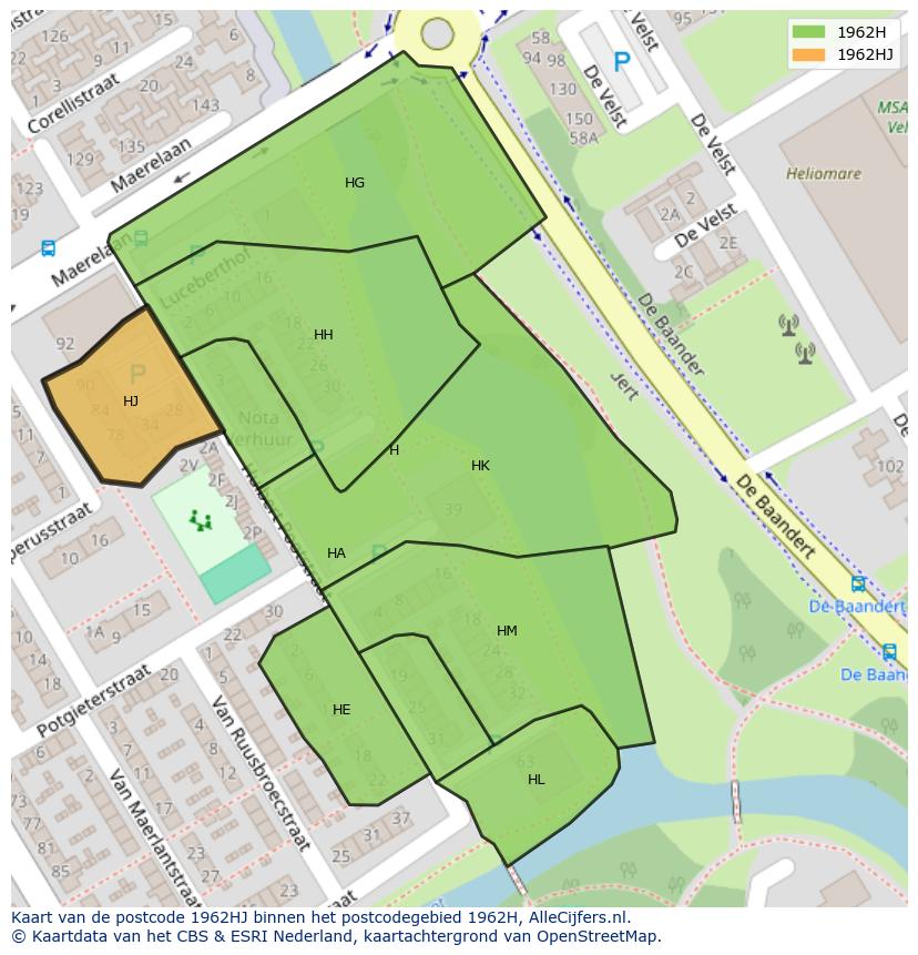 Afbeelding van het postcodegebied 1962 HJ op de kaart.
