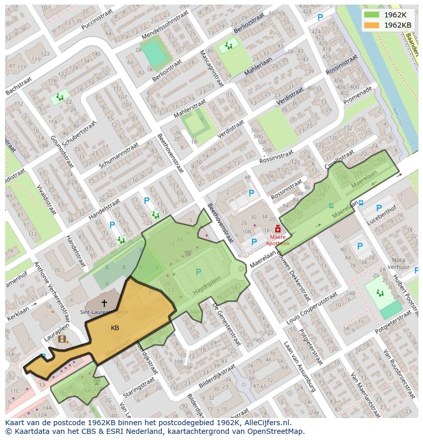 Afbeelding van het postcodegebied 1962 KB op de kaart.