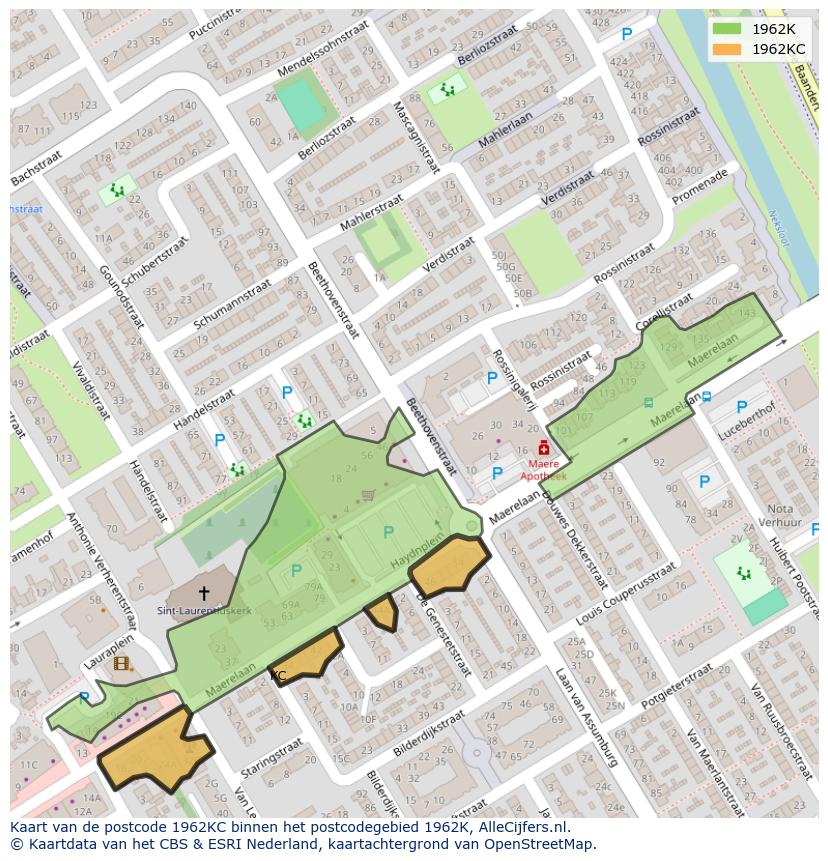 Afbeelding van het postcodegebied 1962 KC op de kaart.