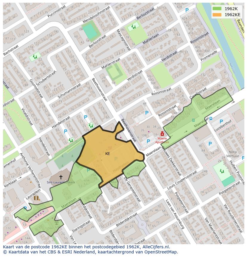 Afbeelding van het postcodegebied 1962 KE op de kaart.