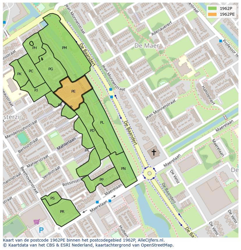 Afbeelding van het postcodegebied 1962 PE op de kaart.