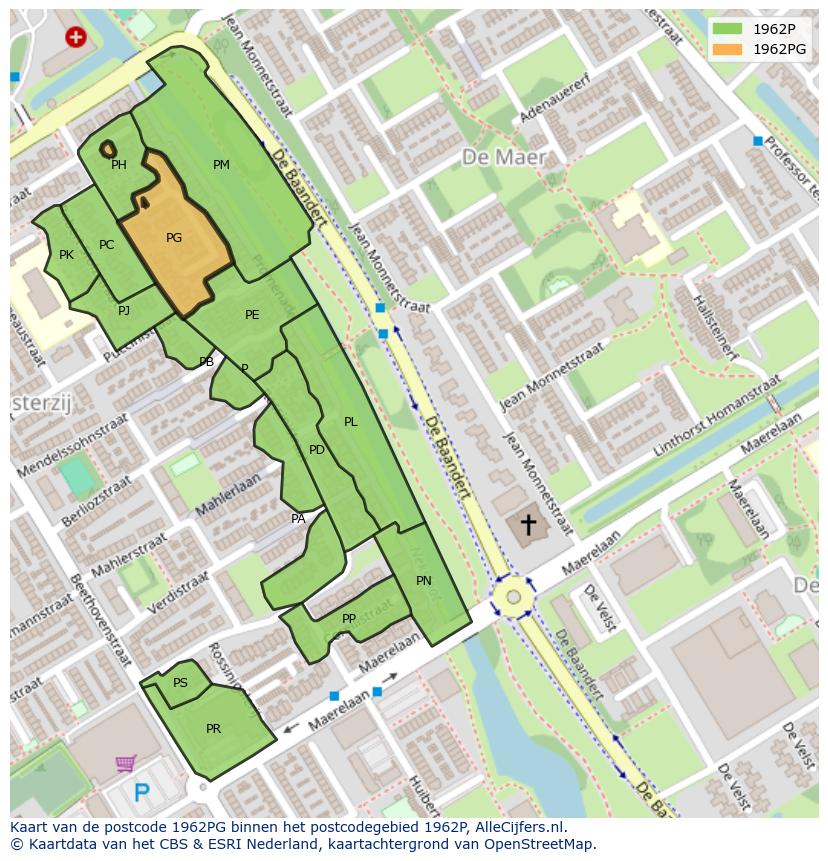 Afbeelding van het postcodegebied 1962 PG op de kaart.