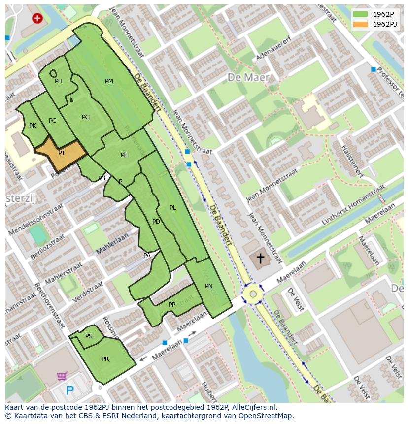 Afbeelding van het postcodegebied 1962 PJ op de kaart.
