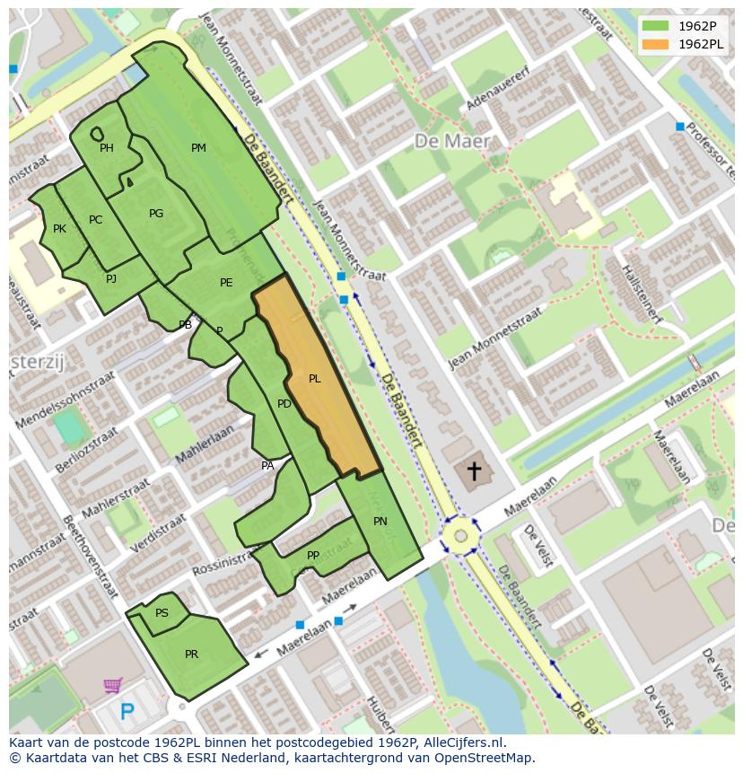Afbeelding van het postcodegebied 1962 PL op de kaart.