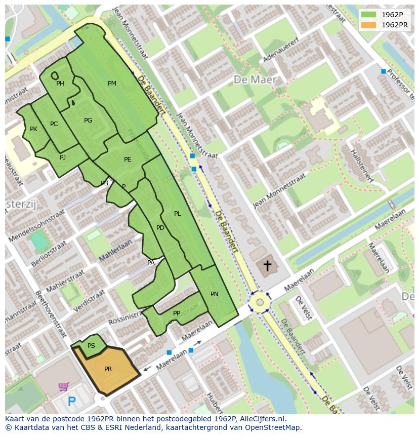 Afbeelding van het postcodegebied 1962 PR op de kaart.