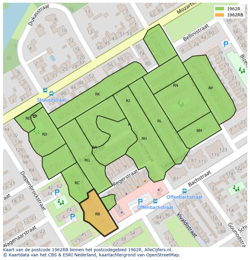 Afbeelding van het postcodegebied 1962 RB op de kaart.