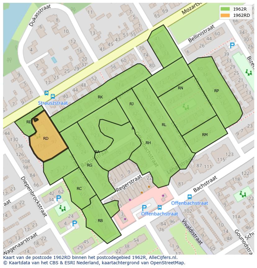 Afbeelding van het postcodegebied 1962 RD op de kaart.