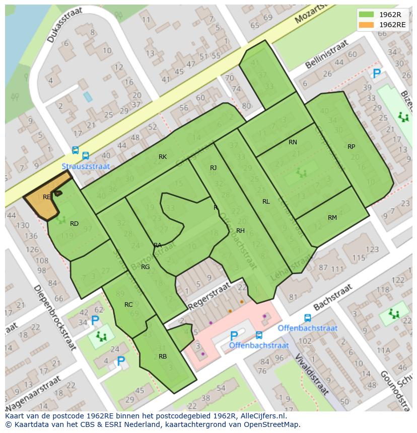 Afbeelding van het postcodegebied 1962 RE op de kaart.