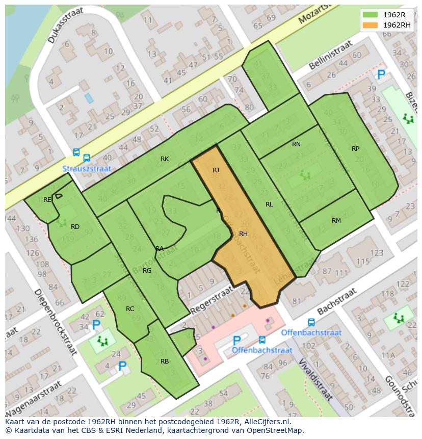 Afbeelding van het postcodegebied 1962 RH op de kaart.