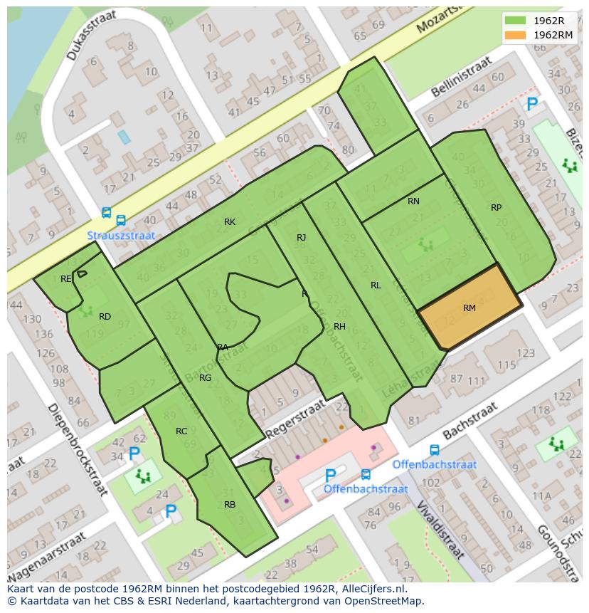 Afbeelding van het postcodegebied 1962 RM op de kaart.