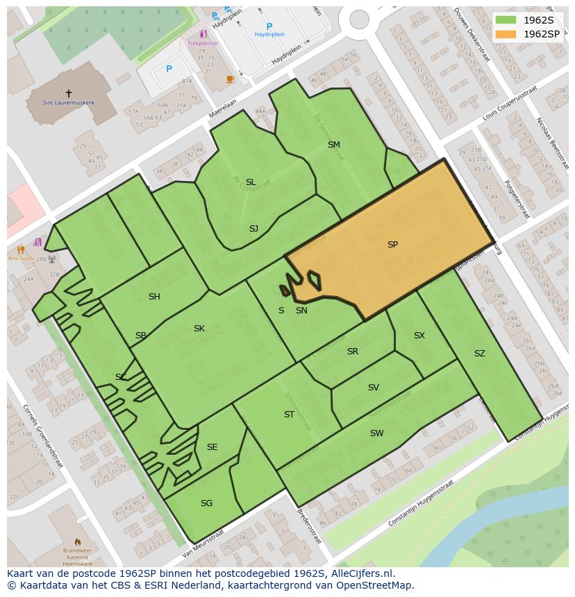 Afbeelding van het postcodegebied 1962 SP op de kaart.