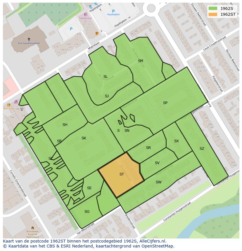 Afbeelding van het postcodegebied 1962 ST op de kaart.
