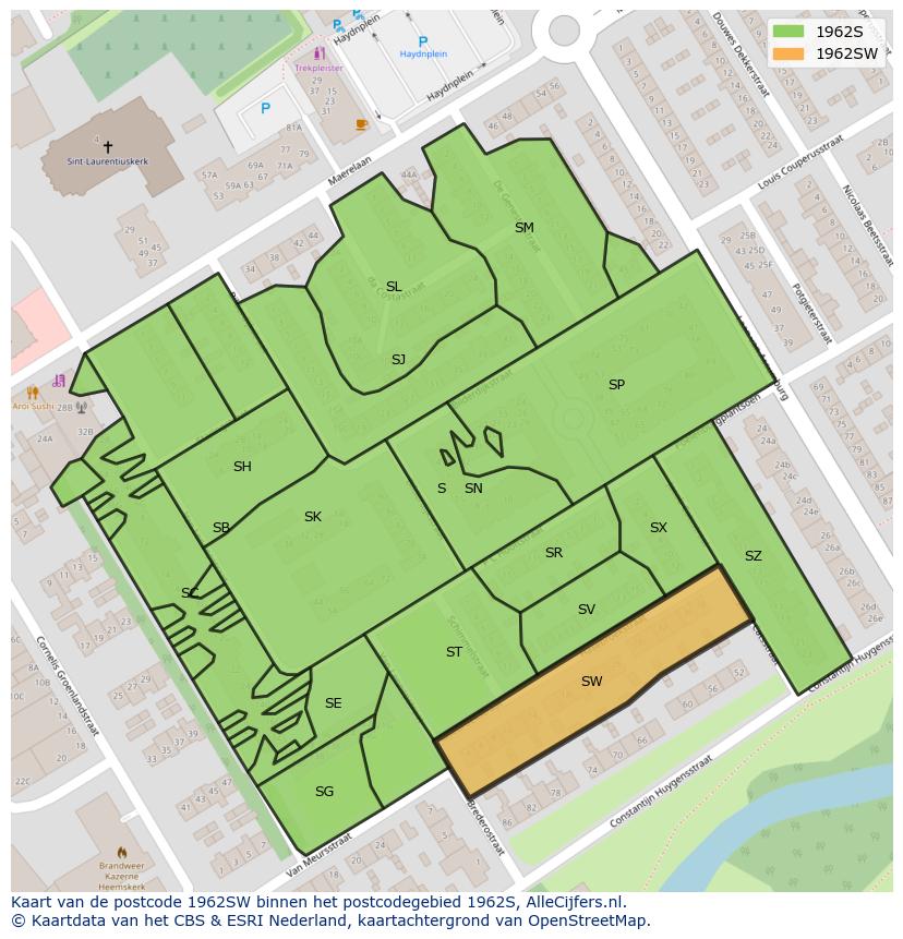 Afbeelding van het postcodegebied 1962 SW op de kaart.