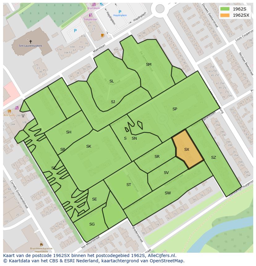 Afbeelding van het postcodegebied 1962 SX op de kaart.
