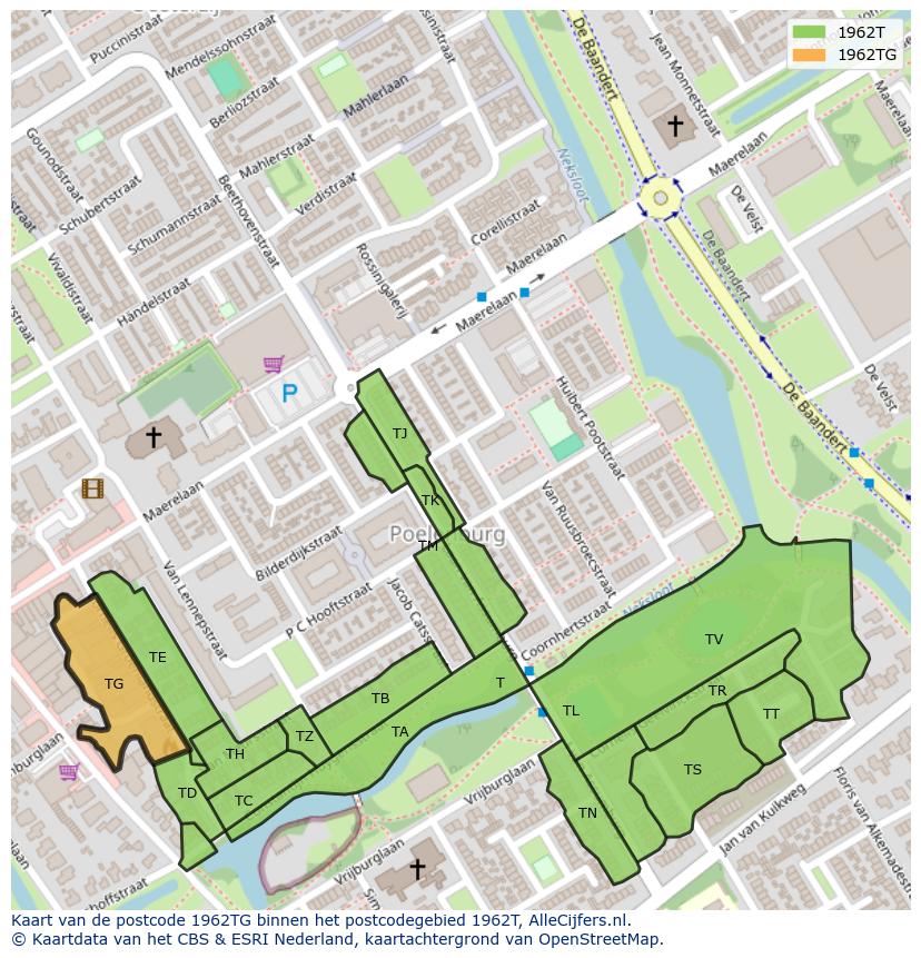 Afbeelding van het postcodegebied 1962 TG op de kaart.