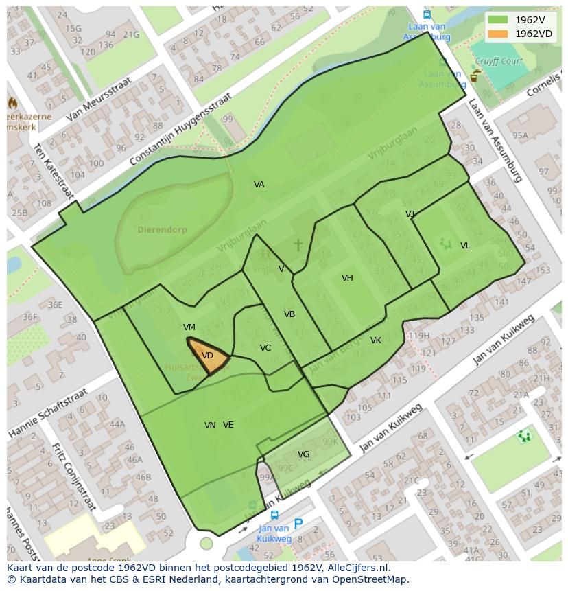 Afbeelding van het postcodegebied 1962 VD op de kaart.