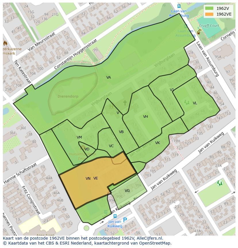 Afbeelding van het postcodegebied 1962 VE op de kaart.