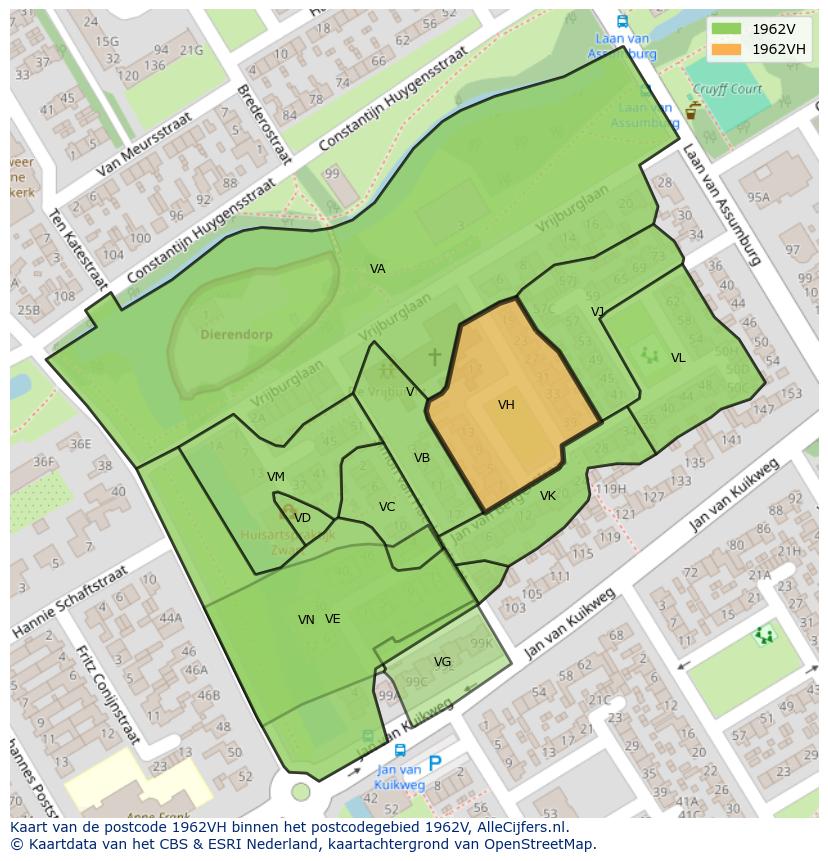 Afbeelding van het postcodegebied 1962 VH op de kaart.