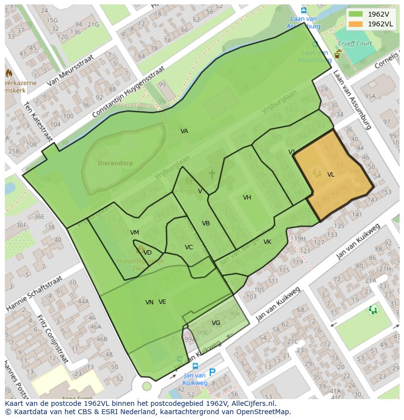Afbeelding van het postcodegebied 1962 VL op de kaart.