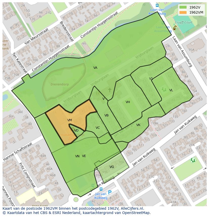 Afbeelding van het postcodegebied 1962 VM op de kaart.