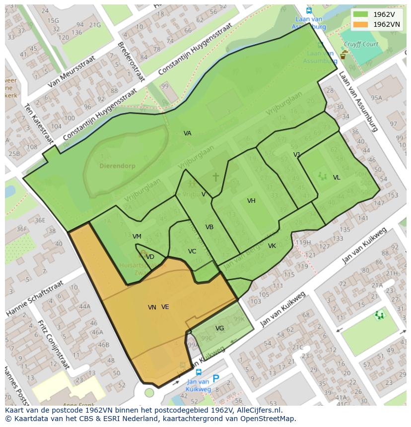 Afbeelding van het postcodegebied 1962 VN op de kaart.
