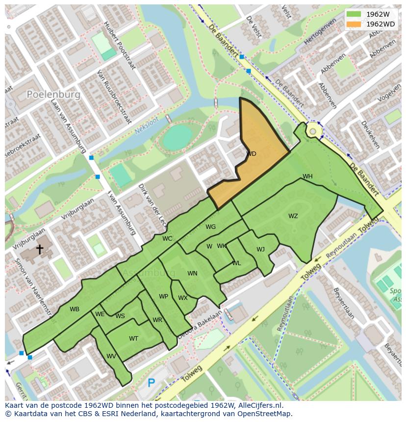 Afbeelding van het postcodegebied 1962 WD op de kaart.