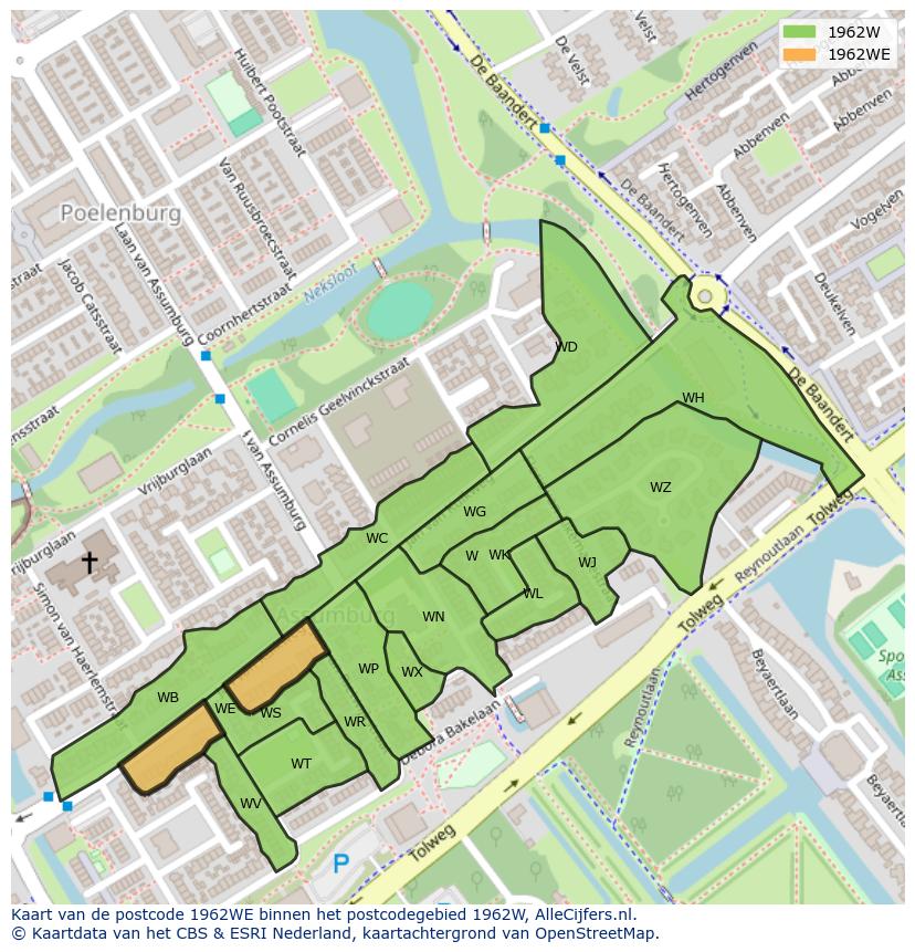 Afbeelding van het postcodegebied 1962 WE op de kaart.