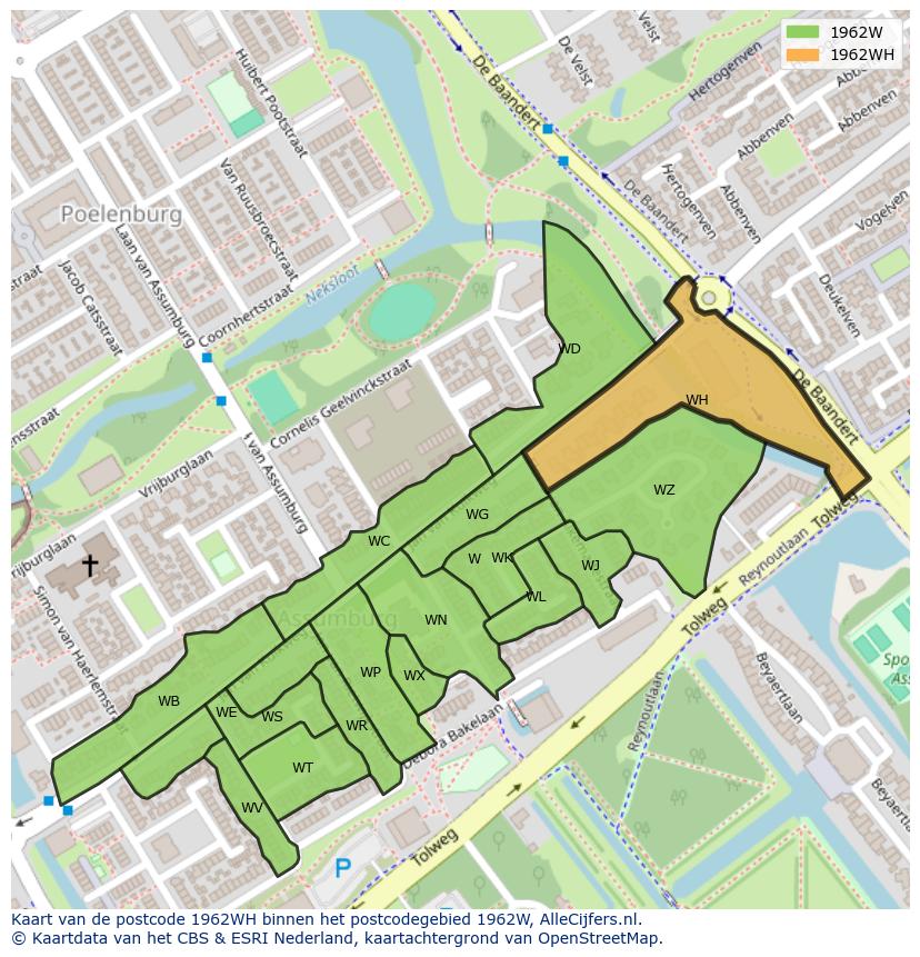 Afbeelding van het postcodegebied 1962 WH op de kaart.