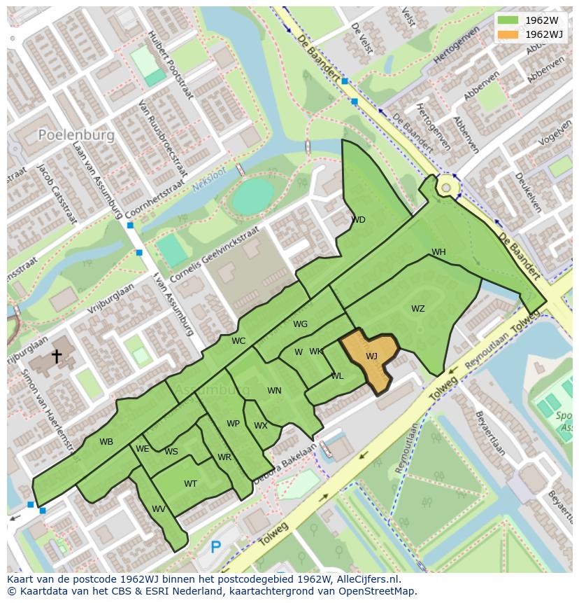 Afbeelding van het postcodegebied 1962 WJ op de kaart.