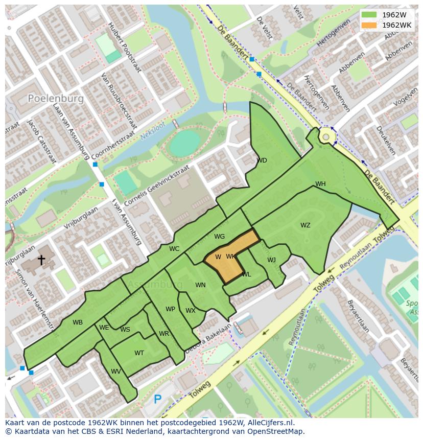 Afbeelding van het postcodegebied 1962 WK op de kaart.