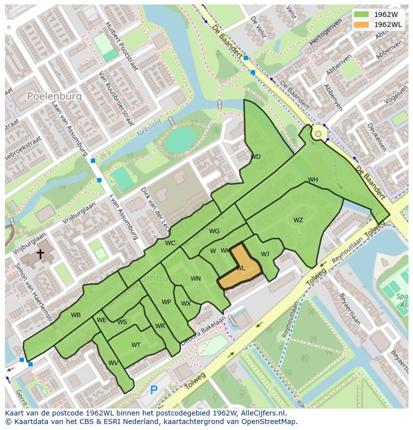 Afbeelding van het postcodegebied 1962 WL op de kaart.